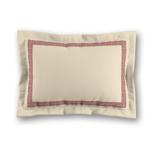 Beige Microfibre Pillow Sham with Flange, Burgundy Red Double Weave Motif Print, Classic Border, White Reverse Side, King (width x length) 22 x 38 inches / 56 x 97 cm