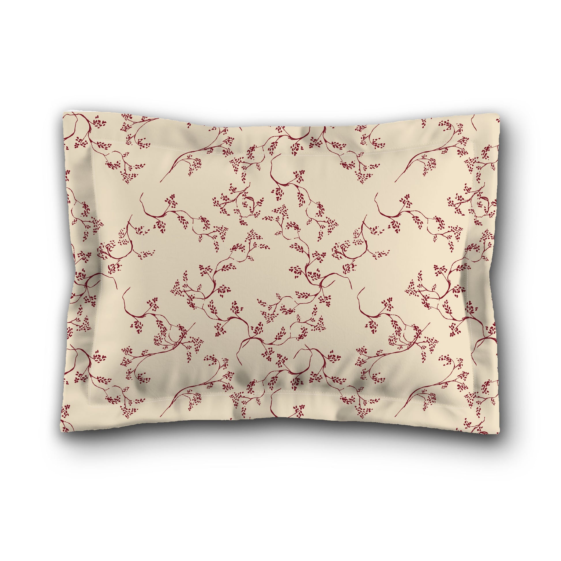 Beige Microfibre Pillow Sham with Flange, Burgundy Red Hand-painted Vine Print, White Reverse Side, King (width x length) 22 x 38 inches / 56 x 97 cm