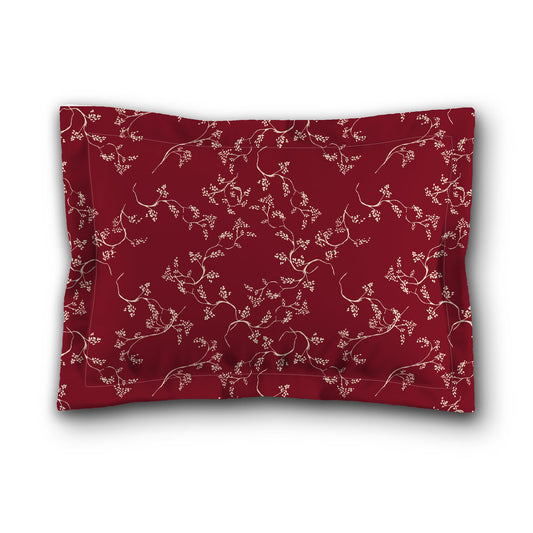 Burgundy Red Microfiber Pillow Sham with Flange, Beige Hand-painted Vine Print, White Reverse Side, King (width x length) 22 x 38 inches / 56 x 97 cm