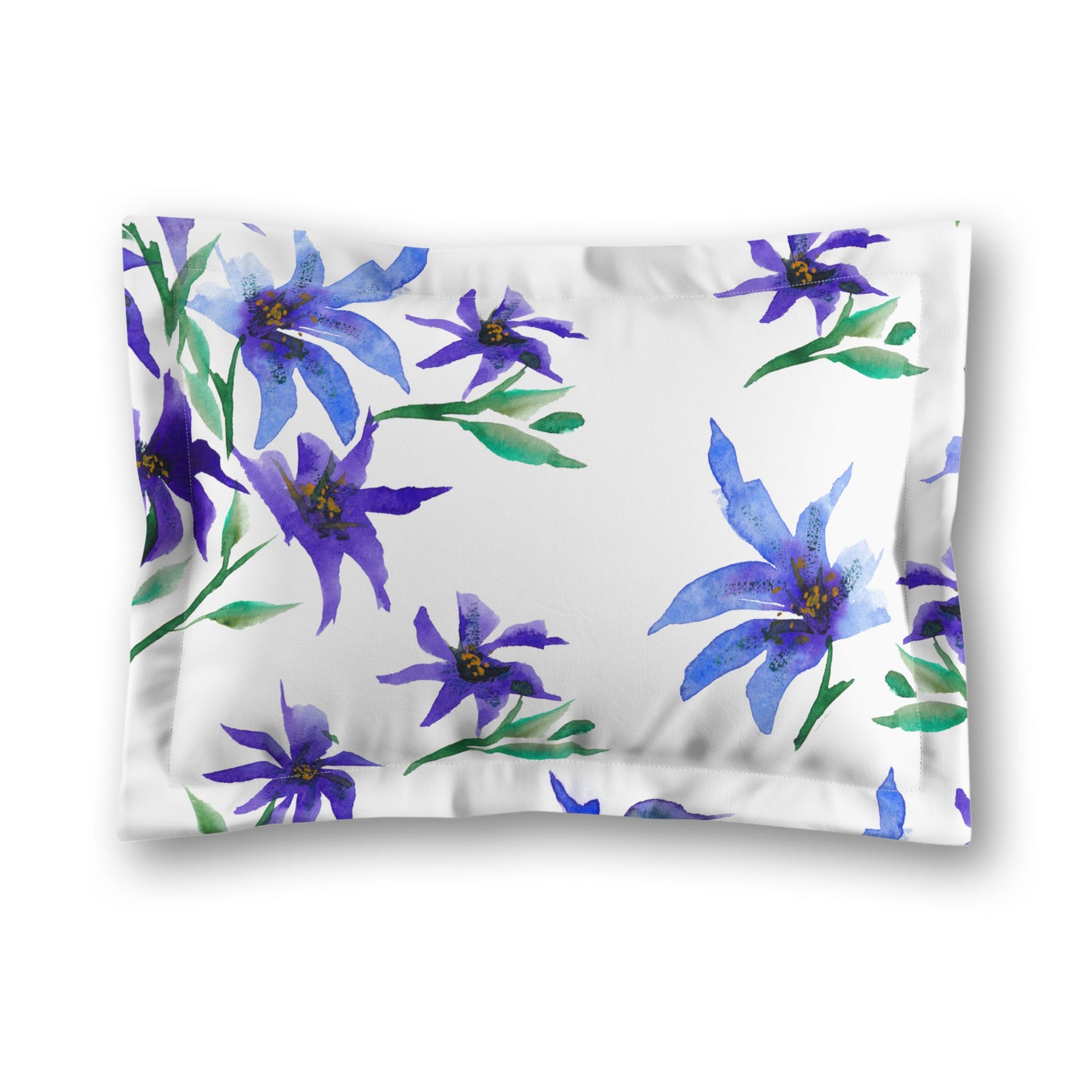White Microfiber Pillow Sham with Flange, Large Purple Floral Print, King - 22 x 38 inches