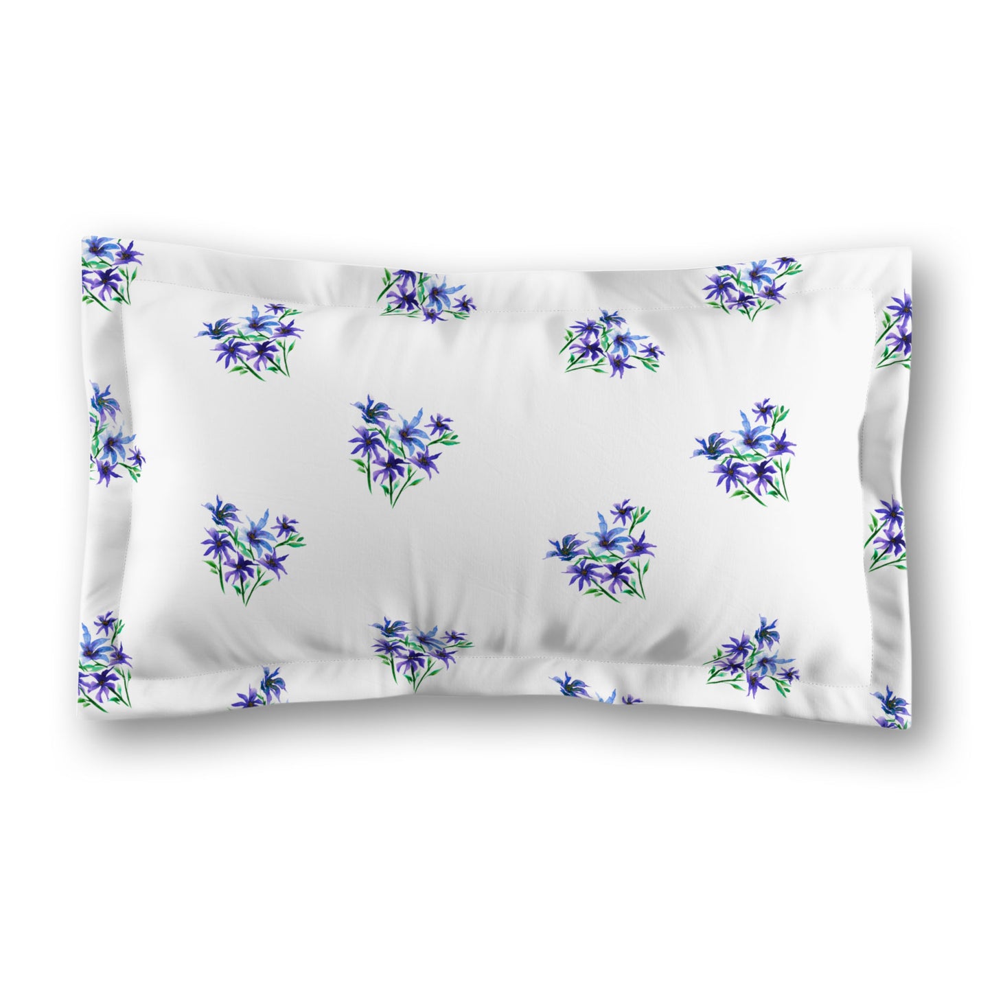 White Microfiber Pillow Sham with Flange, Medium Purple Floral Pattern, Standard - 22 x 30 inches