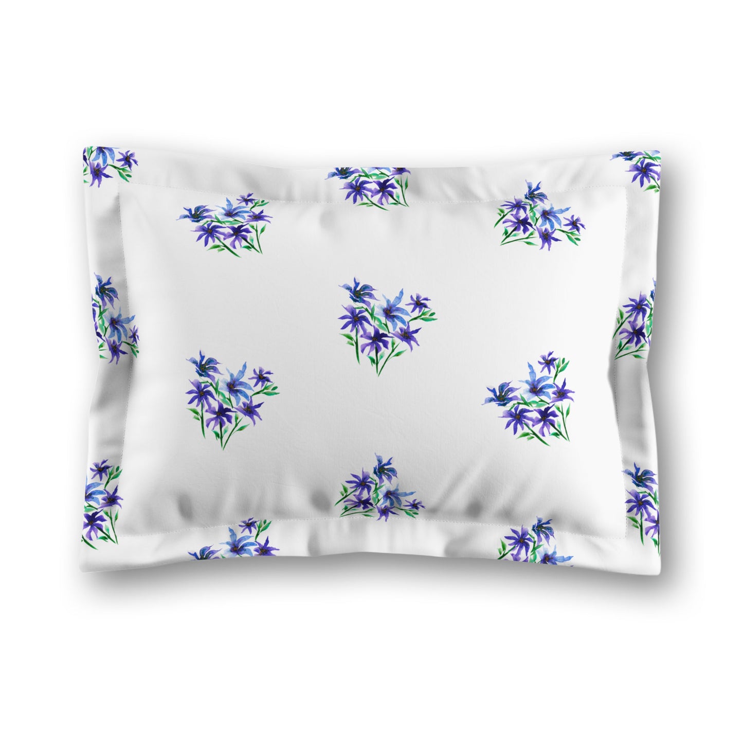 White Microfiber Pillow Sham with Flange, Medium Purple Floral Pattern, King - 22 x 38 inches