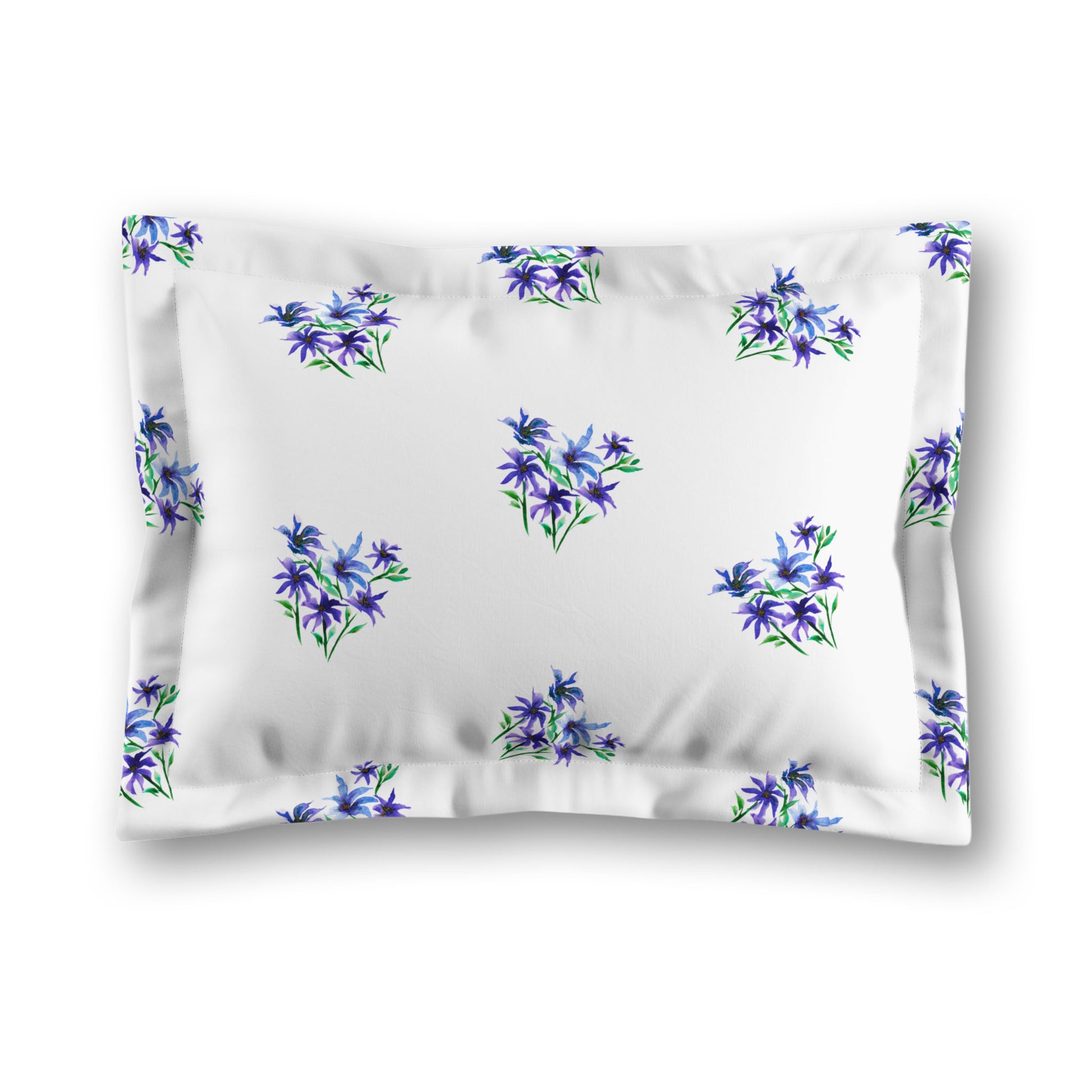 White Microfiber Pillow Sham with Flange, Medium Purple Floral Pattern, King - 22 x 38 inches