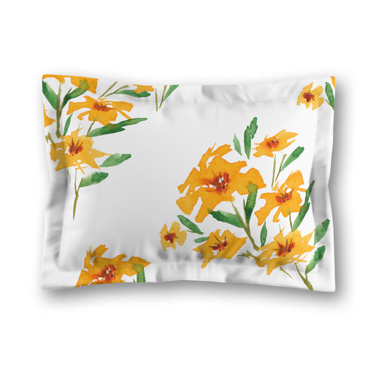 White Microfiber Pillow Sham with Flange, Large Yellow-Orange Floral Print, King - 22 x 38 inches