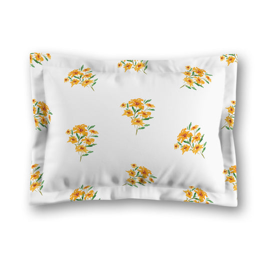 White Microfiber Pillow Sham with Flange, Medium Yellow-Orange Floral Pattern, King - 22 x 38 inches