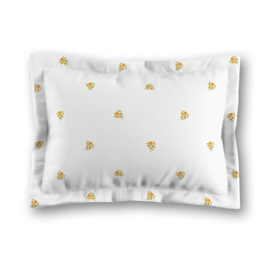 White Microfiber Pillow Sham with Flange, Small Yellow-Orange Floral Pattern, King - 22 x 38 inches