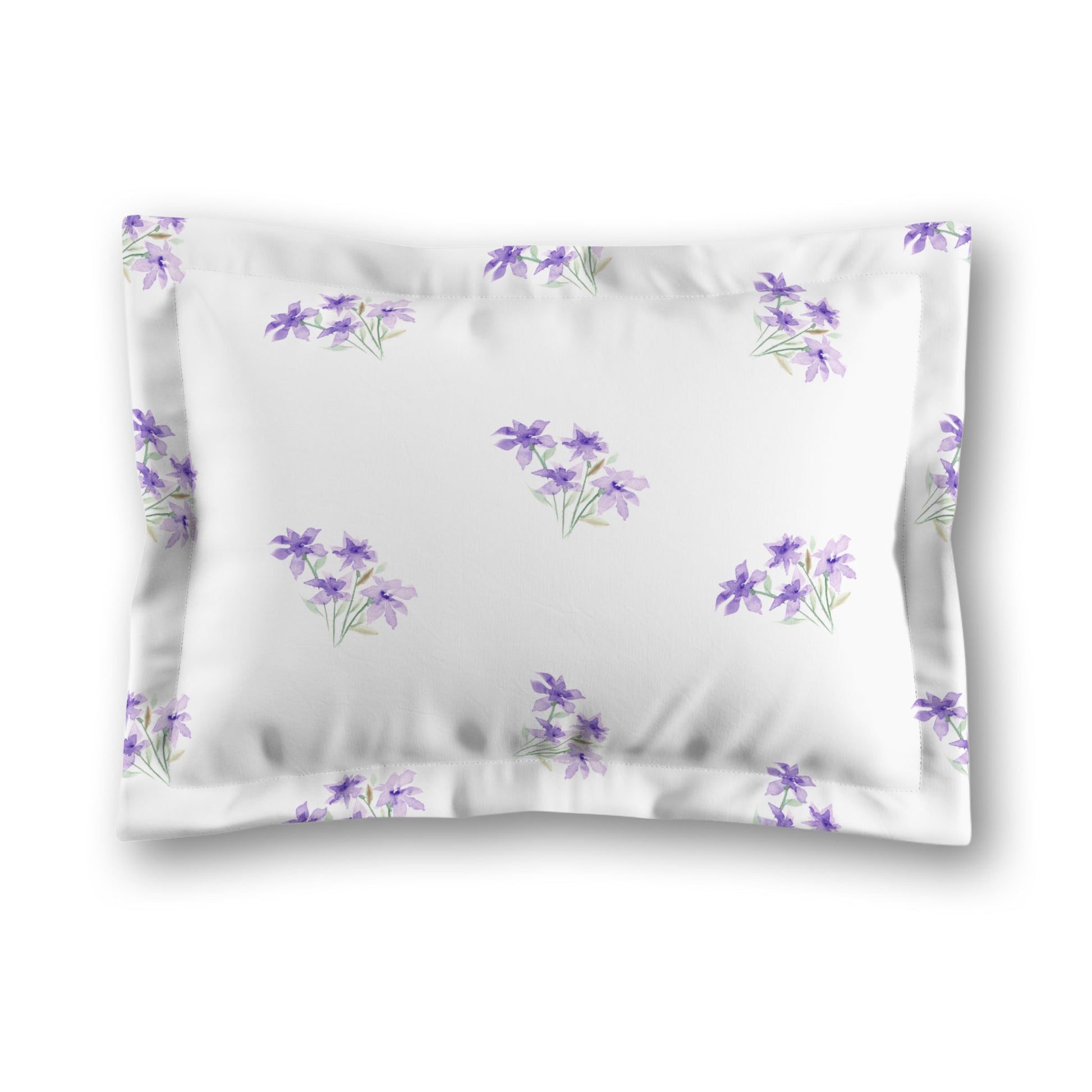 White Microfiber Pillow Sham with Flange, Medium Purple Floral Pattern, King - 22 x 38 inches