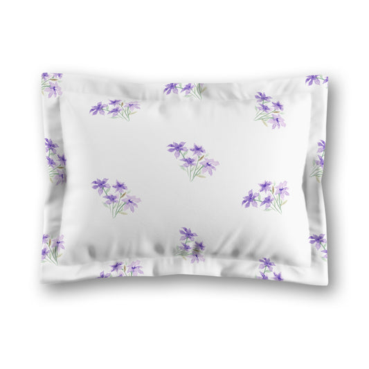 White Microfiber Pillow Sham with Flange, Medium Purple Floral Pattern, King - 22 x 38 inches