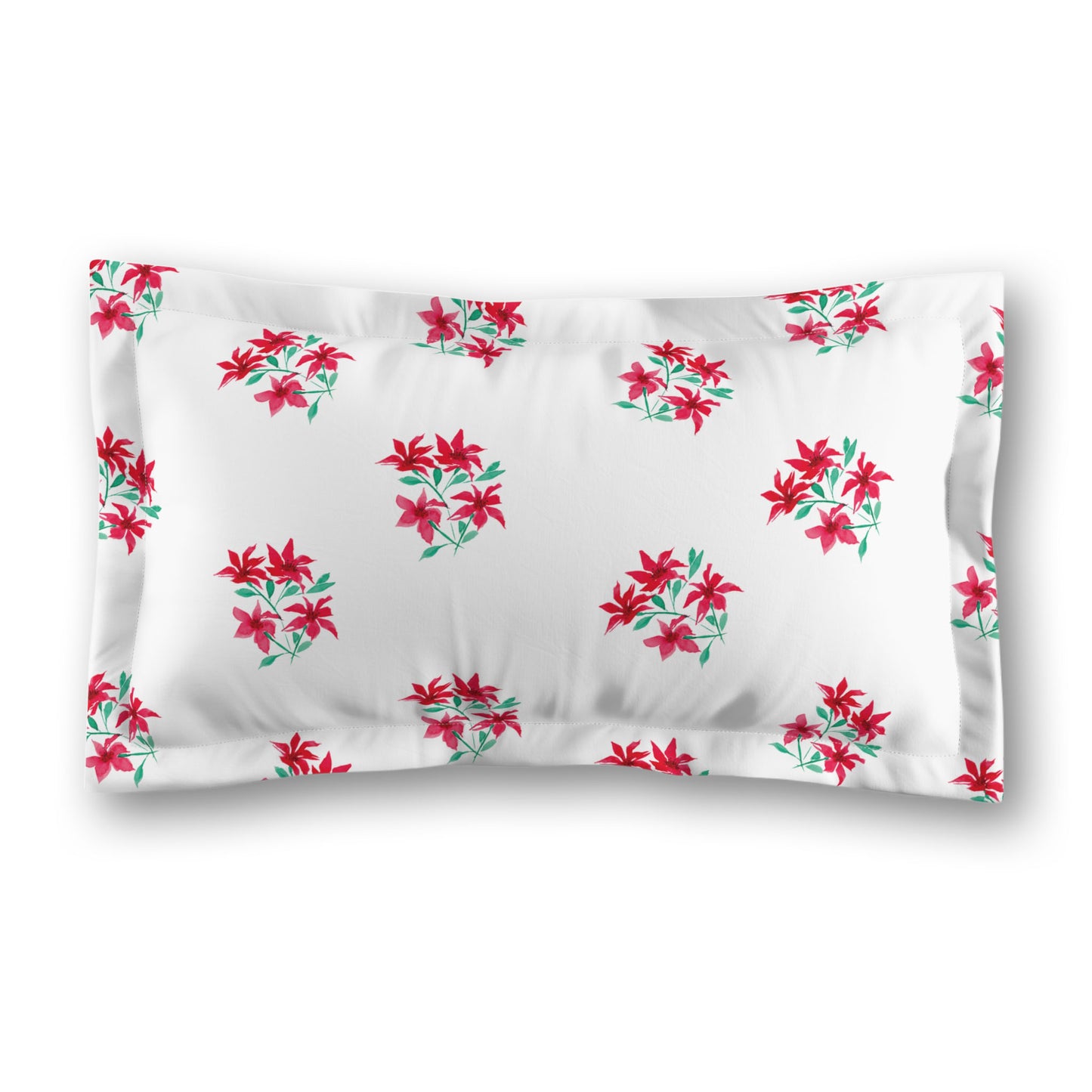 White Microfiber Pillow Sham with Flange, Medium Red Floral Pattern, Standard - 22 x 30 inches