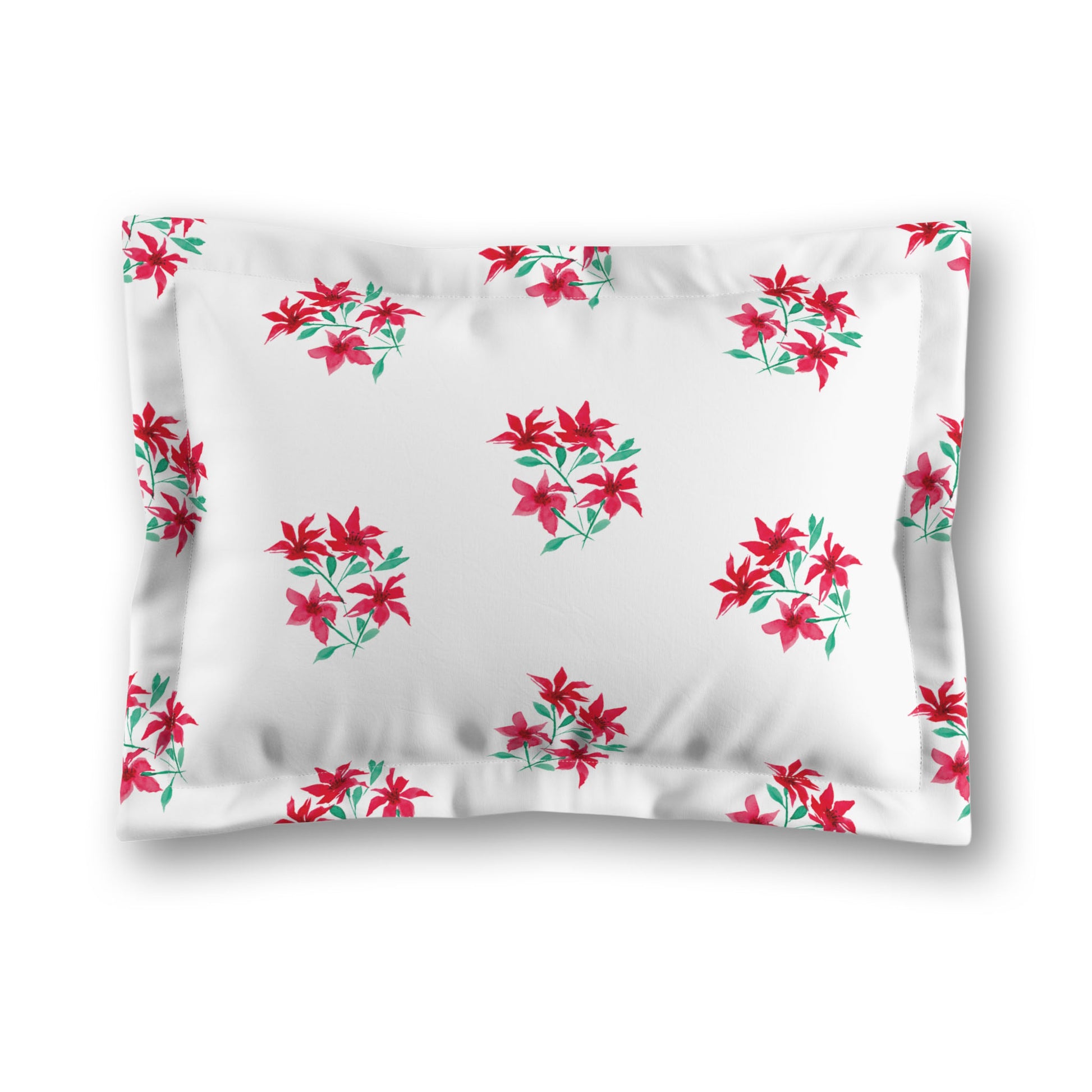 White Microfiber Pillow Sham with Flange, Medium Red Floral Pattern, King - 22 x 38 inches