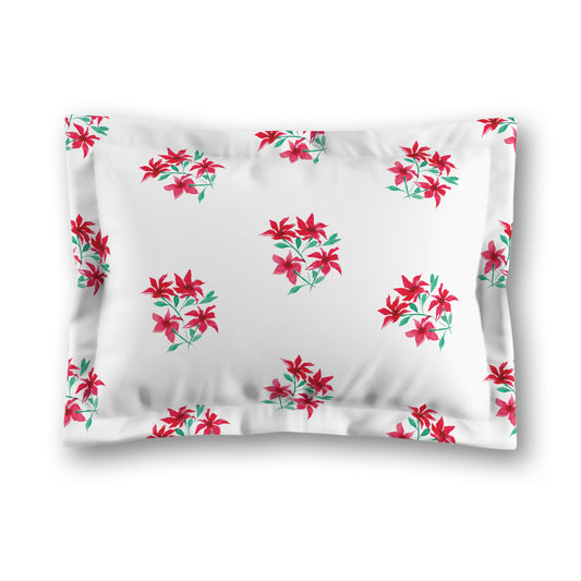 White Microfiber Pillow Sham with Flange, Medium Red Floral Pattern, King - 22 x 38 inches