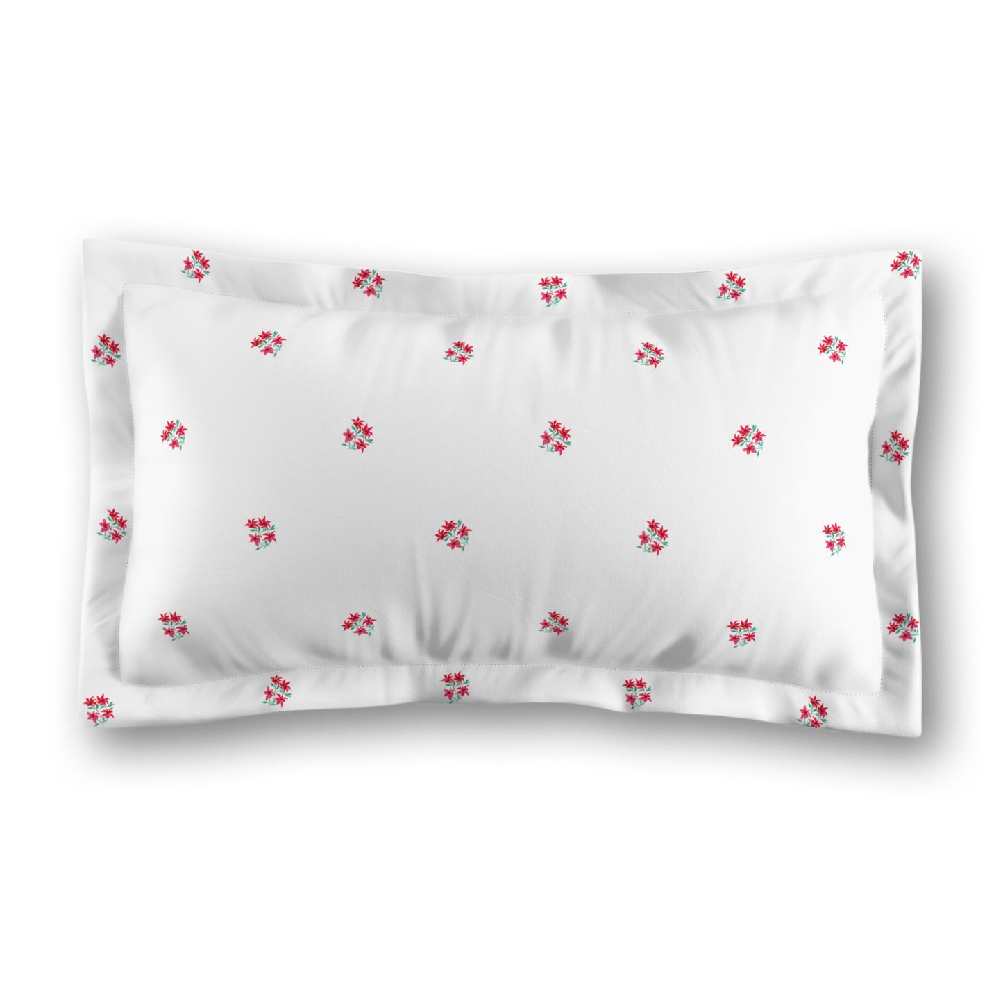White Microfiber Pillow Sham with Flange, Small Red Floral Pattern, Standard - 22 x 30 inches