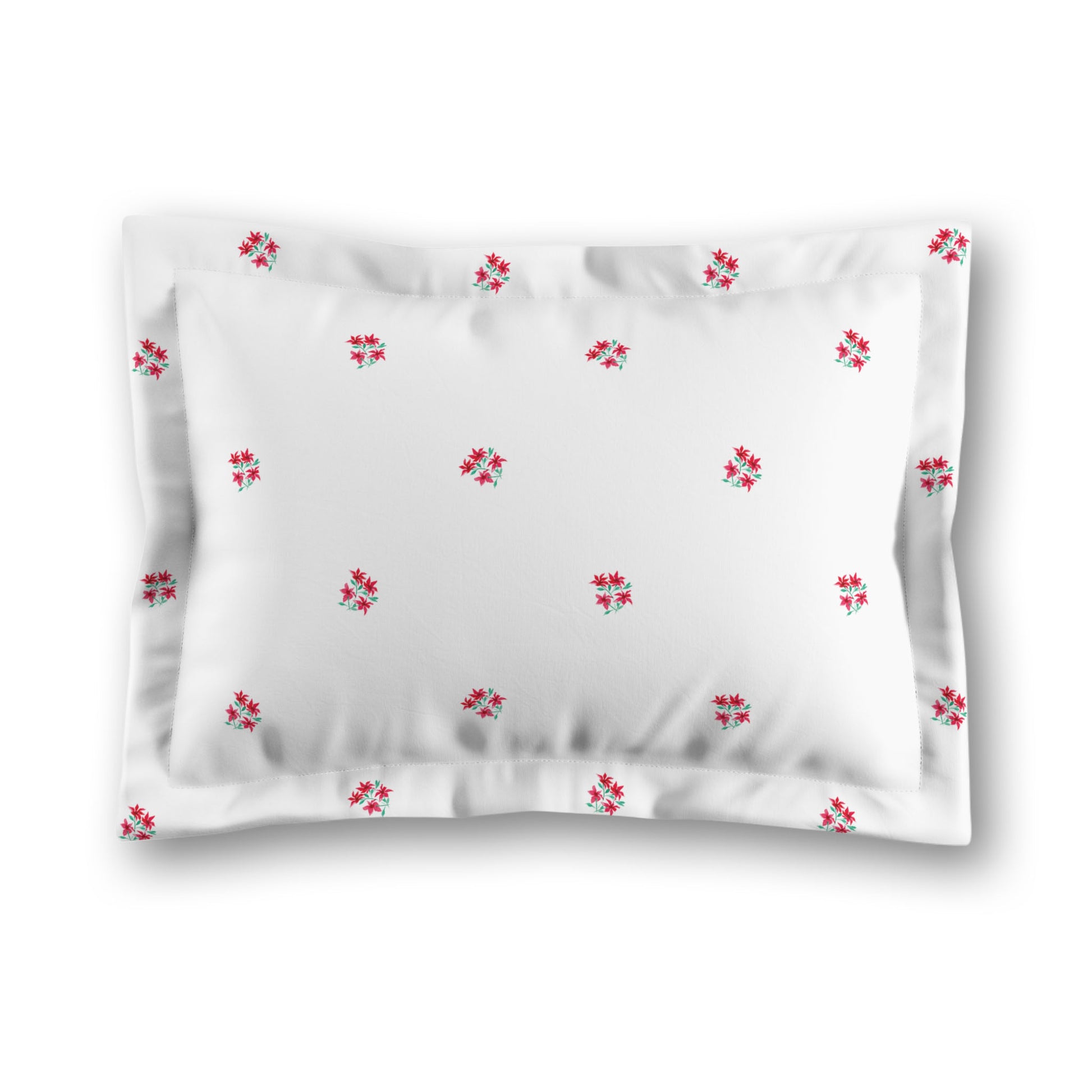 White Microfiber Pillow Sham with Flange, Small Red Floral Pattern, King - 22 x 38 inches