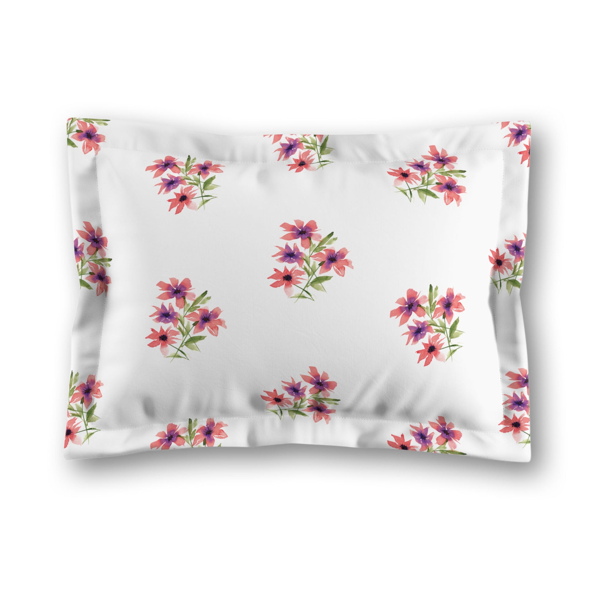 White Microfiber Pillow Sham with Flange, Medium Pink Floral Pattern, King - 22 x 38 inches