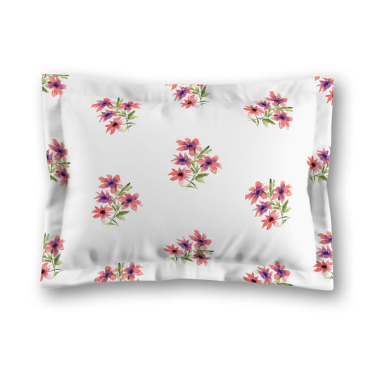 White Microfiber Pillow Sham with Flange, Medium Pink Floral Pattern, King - 22 x 38 inches