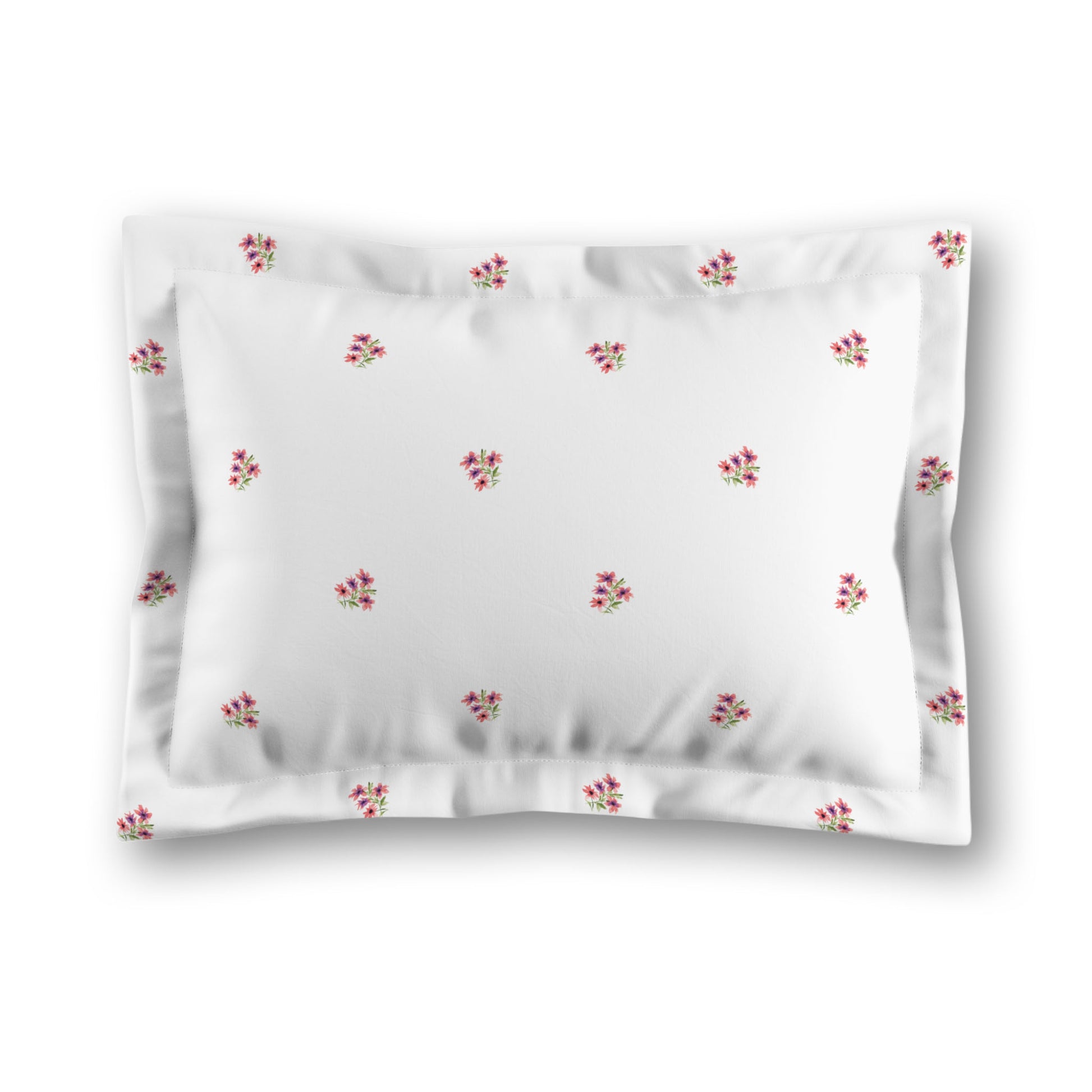 White Microfiber Pillow Sham with Flange, Small Pink Floral Pattern, King - 22 x 38 inches