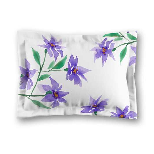 White Microfiber Pillow Sham with Flange, Large Purple Floral Print, King - 22 x 38 inches
