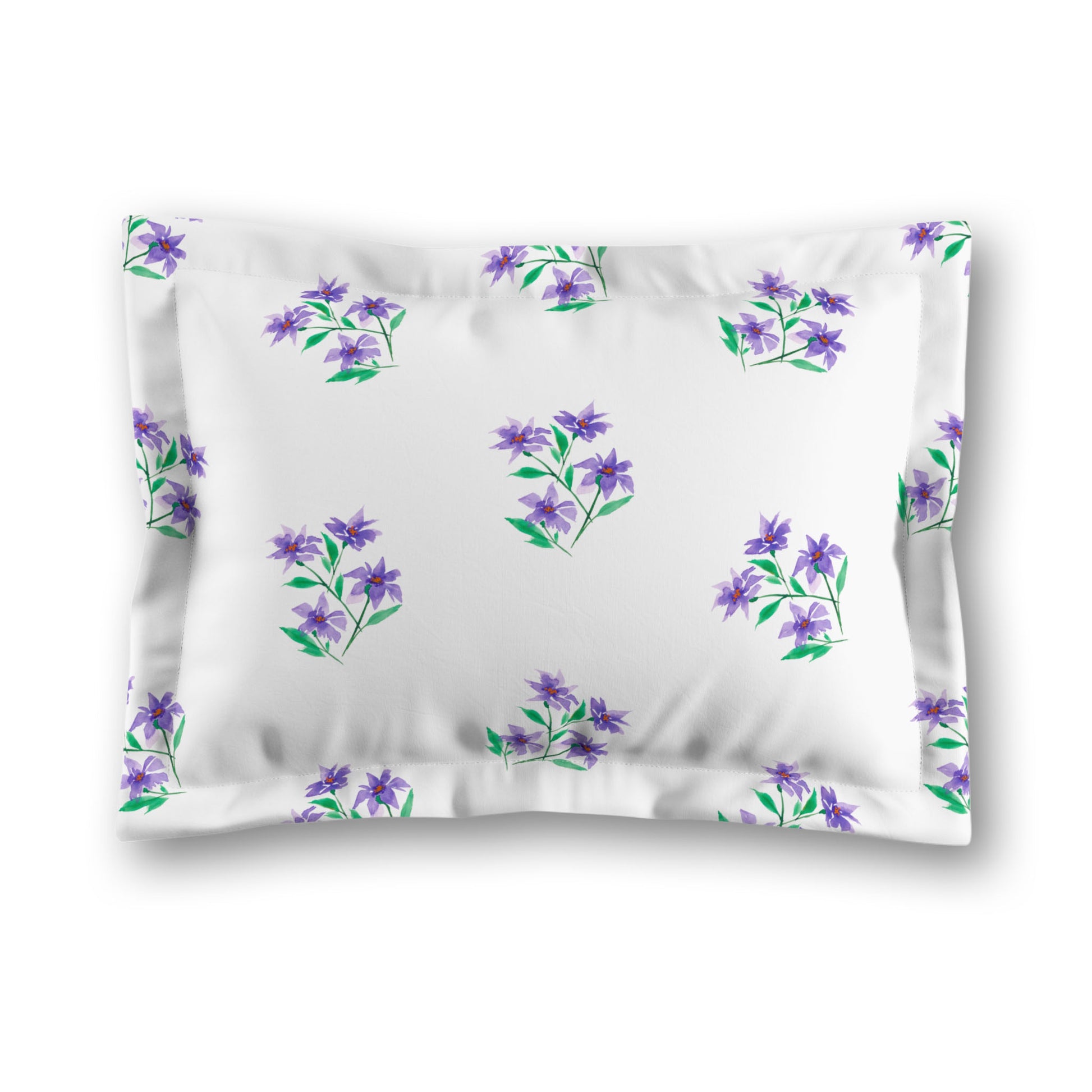 White Microfiber Pillow Sham with Flange, Medium Purple Floral Pattern, King - 22 x 38 inches