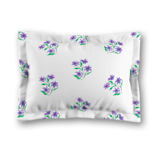 White Microfiber Pillow Sham with Flange, Medium Purple Floral Pattern, King - 22 x 38 inches