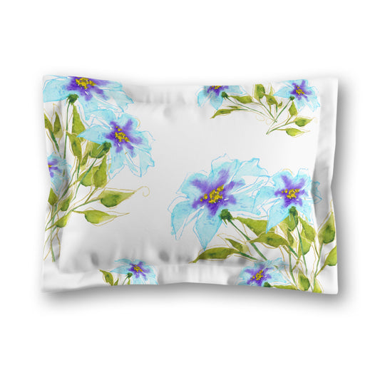 White Microfiber Pillow Sham with Flange, Large Blue Floral Print, King - 22 x 38 inches