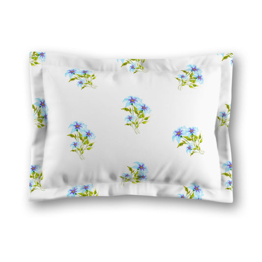 White Microfiber Pillow Sham with Flange, Medium Blue Floral Pattern, King - 22 x 38 inches
