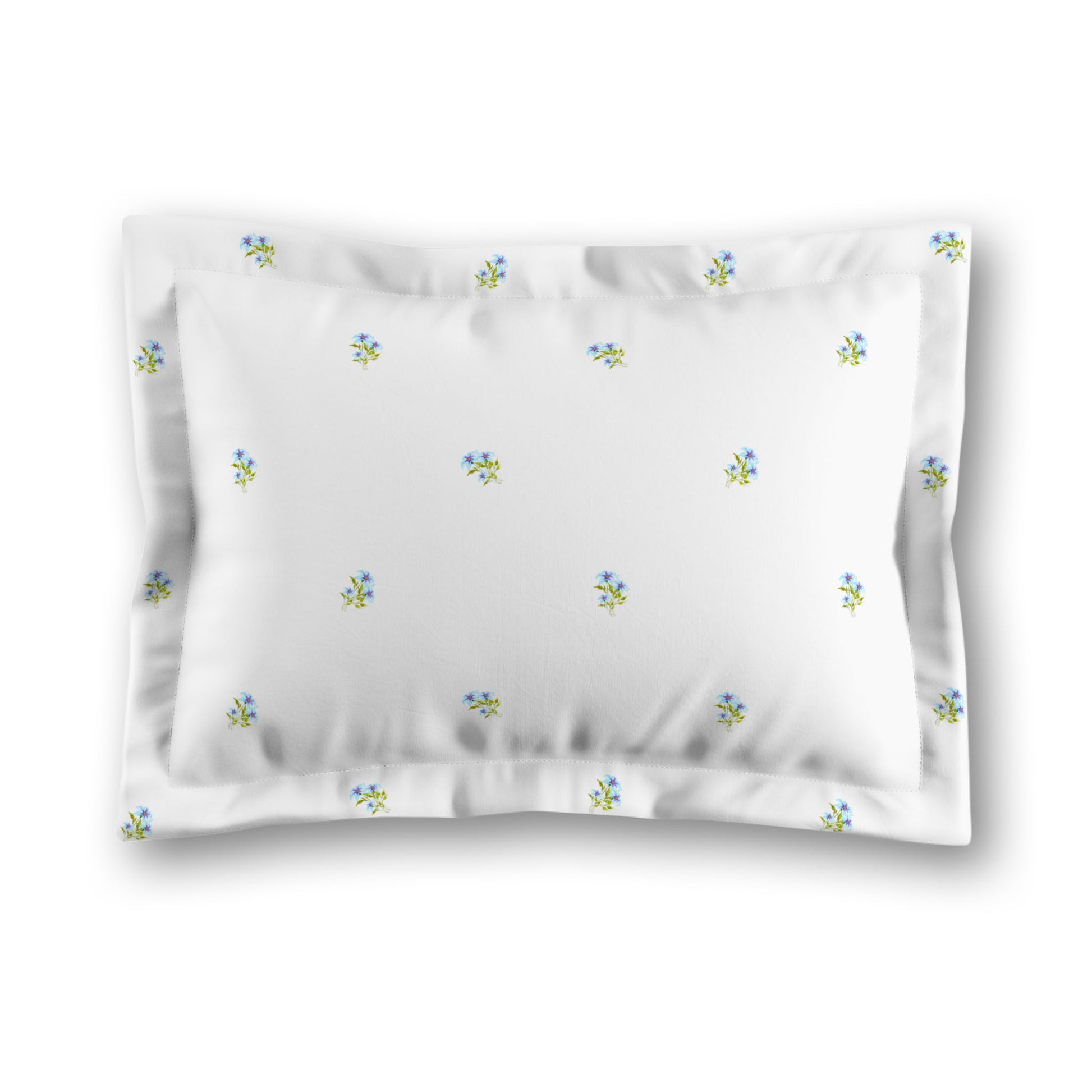 White Microfiber Pillow Sham with Flange, Small Blue Floral Pattern, King - 22 x 38 inches