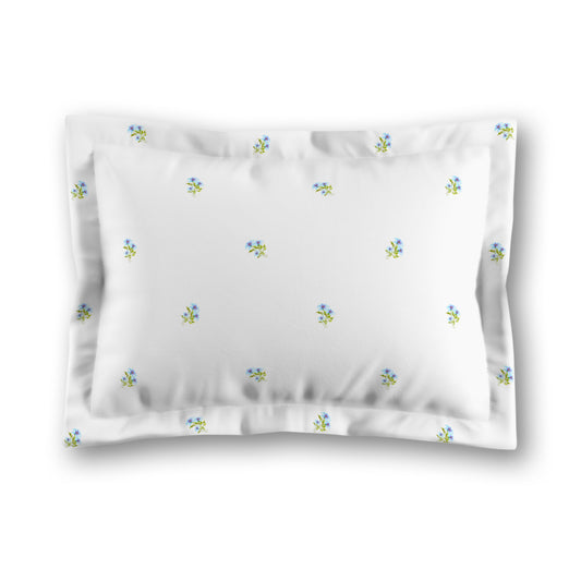 White Microfiber Pillow Sham with Flange, Small Blue Floral Pattern, King - 22 x 38 inches