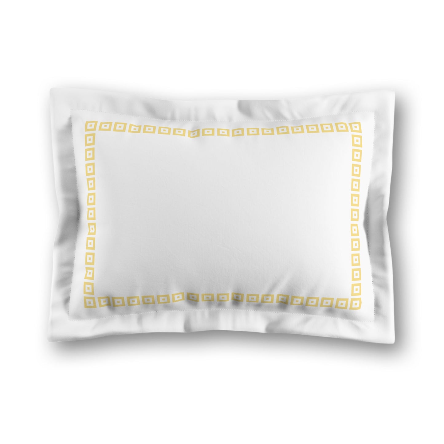 White Microfiber Pillow Sham with Flange, Yellow Repeating Square Motif Print, Classic Border, White Reverse Side, King (width x length) 22 x 38 inches / 56 x 97 cm