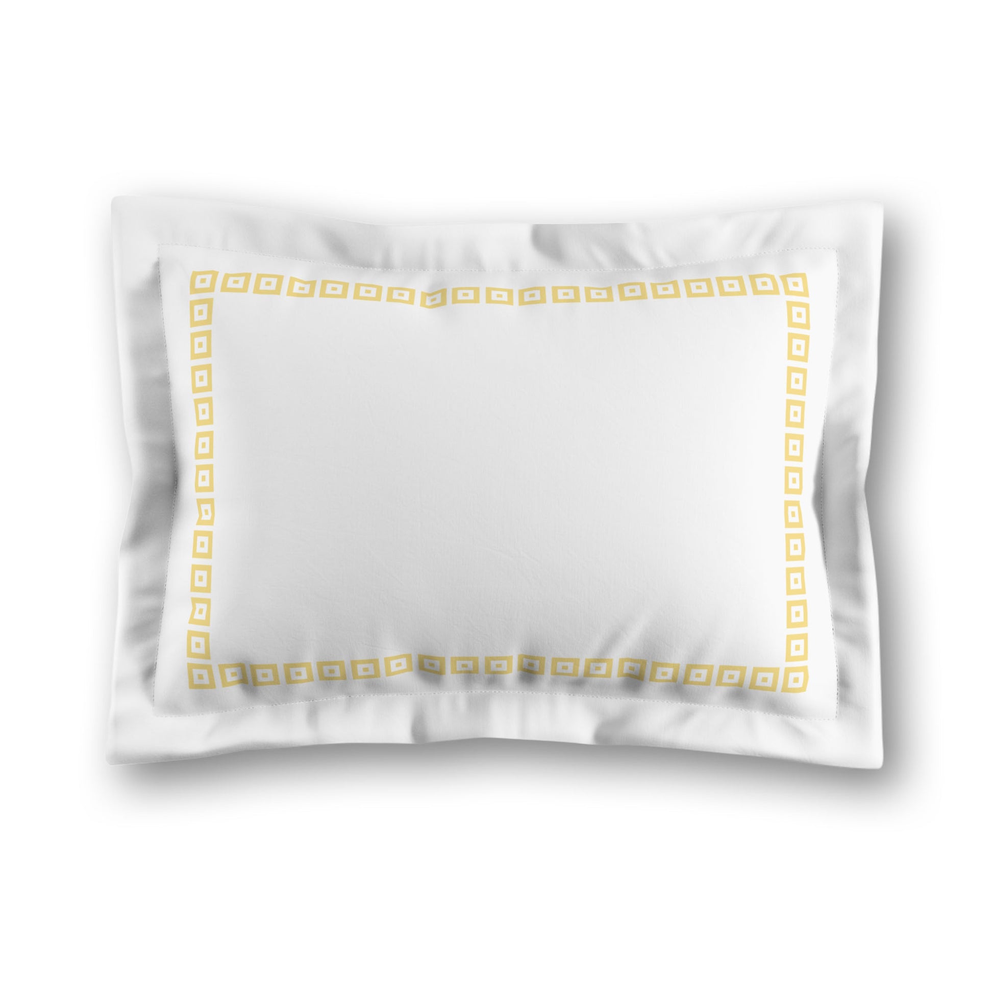 White Microfiber Pillow Sham with Flange, Yellow Repeating Square Motif Print, Classic Border, White Reverse Side, King (width x length) 22 x 38 inches / 56 x 97 cm