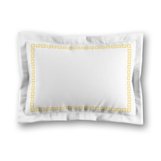 White Microfiber Pillow Sham with Flange, Yellow Repeating Square Motif Print, Classic Border, White Reverse Side, King (width x length) 22 x 38 inches / 56 x 97 cm
