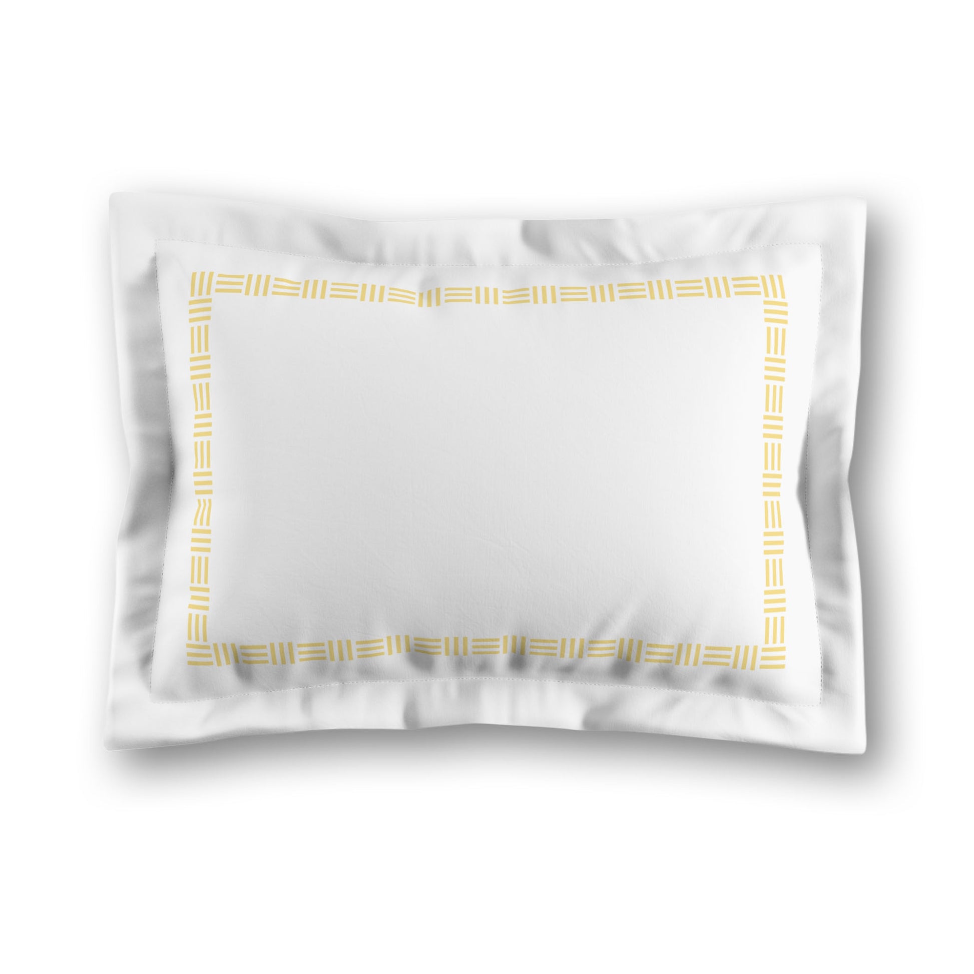 White Microfiber Pillow Sham with Flange, Yellow Single Weave Motif Print, Classic Border, White Reverse Side, King (width x length) 22 x 38 inches / 56 x 97 cm
