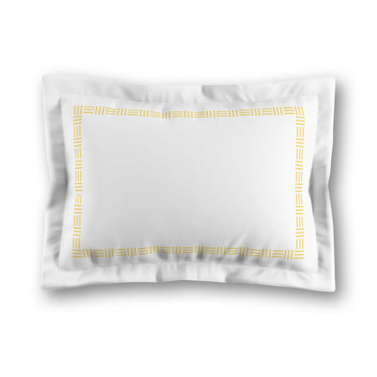 White Microfiber Pillow Sham with Flange, Yellow Single Weave Motif Print, Classic Border, White Reverse Side, King (width x length) 22 x 38 inches / 56 x 97 cm