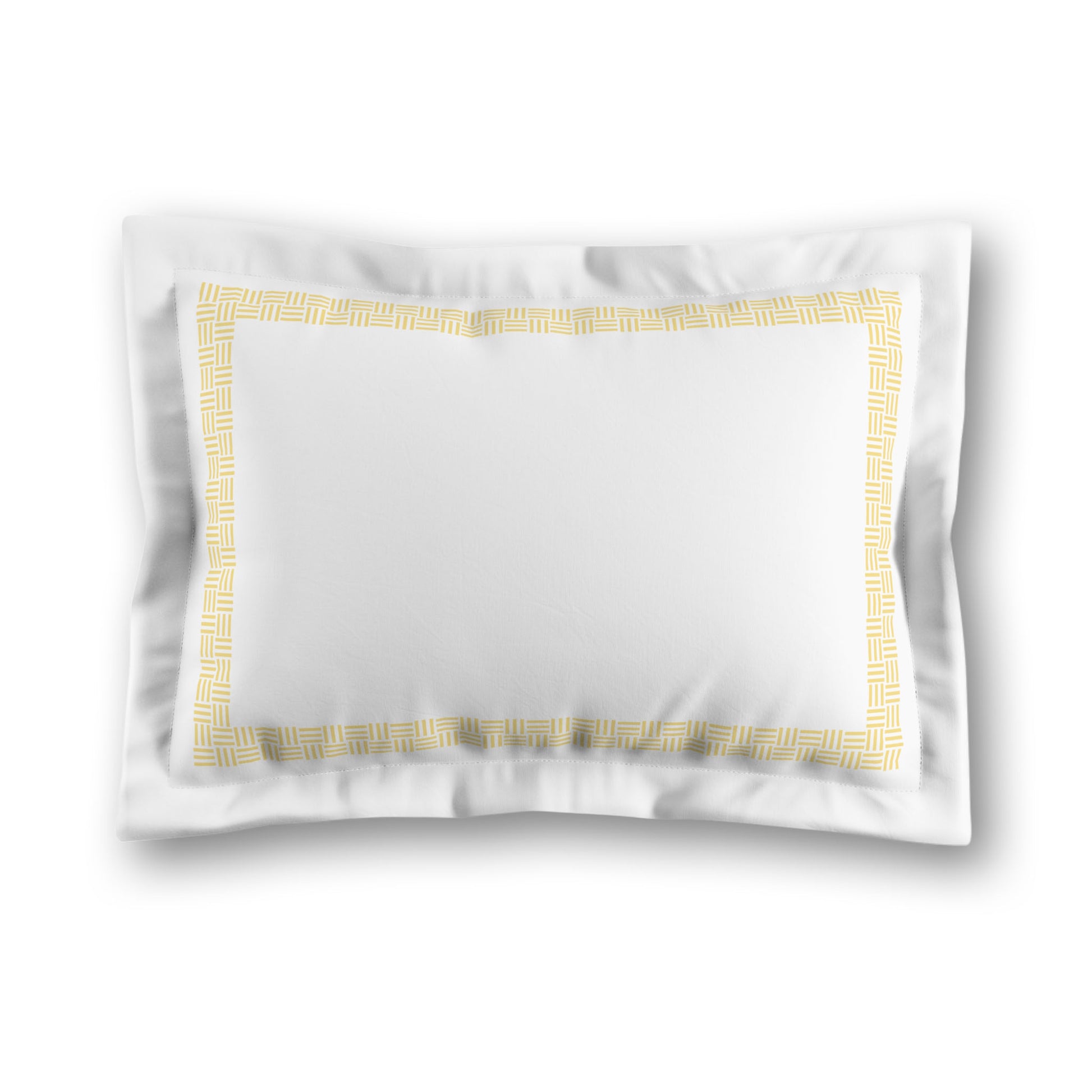 White Microfiber Pillow Sham with Flange, Yellow Double Weave Motif Print, Classic Border, White Reverse Side, King (width x length) 22 x 38 inches / 56 x 97 cm