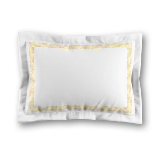 White Microfiber Pillow Sham with Flange, Yellow Double Weave Motif Print, Classic Border, White Reverse Side, King (width x length) 22 x 38 inches / 56 x 97 cm