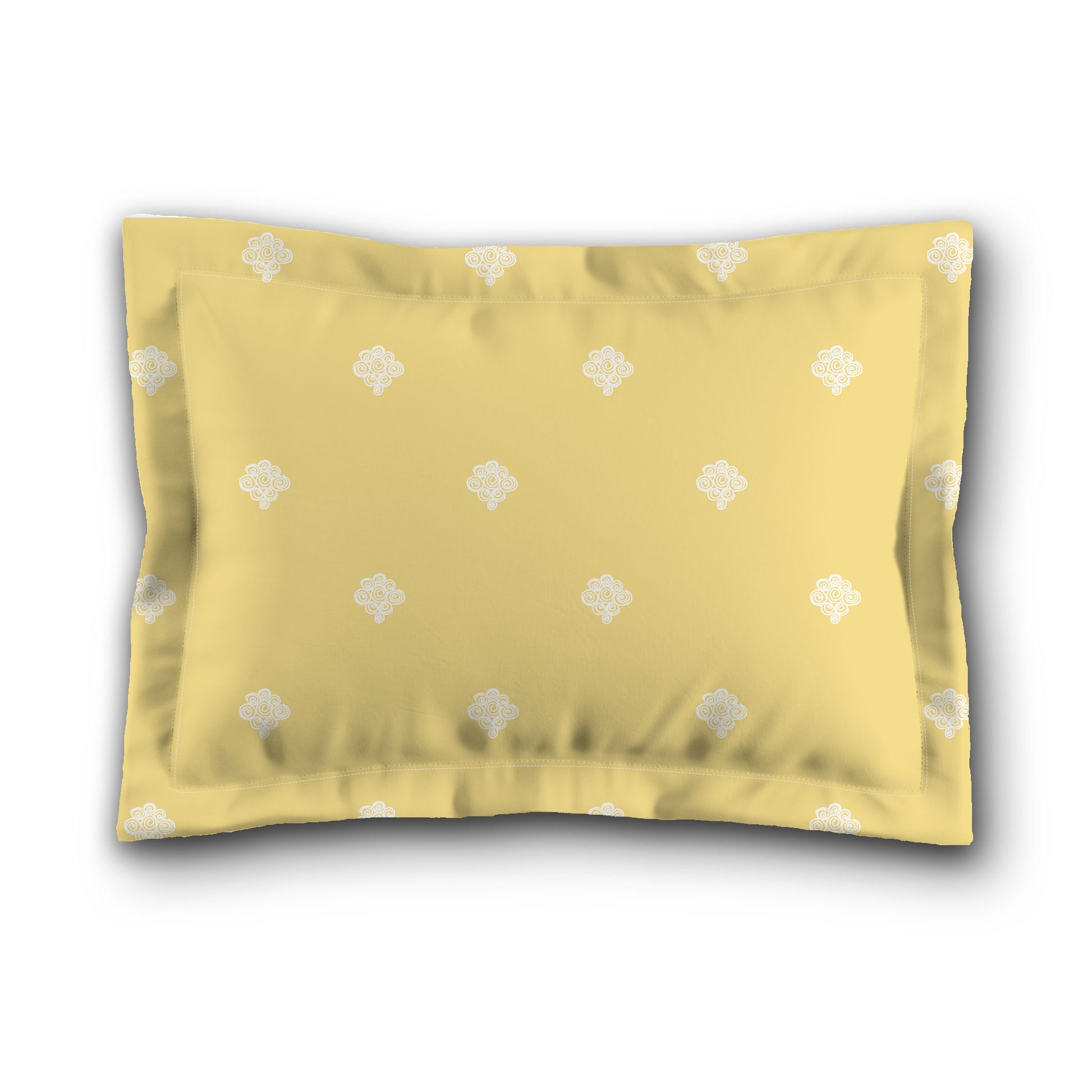 Yellow Microfiber Pillow Sham with Flange, White Hand-painted Swizzle Motif Print, White Reverse Side, King (width x length) 22 x 38 inches / 56 x 97 cm