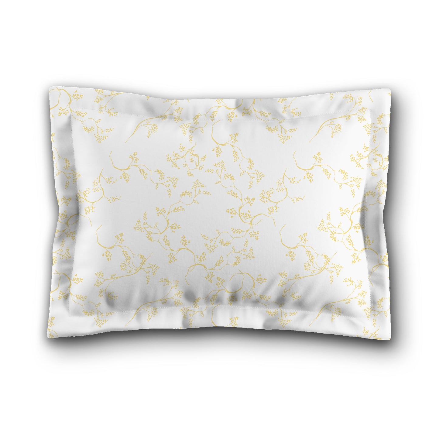 White Microfiber Pillow Sham with Flange, Yellow Hand-painted Vine Print, White Reverse Side, King (width x length) 22 x 38 inches / 56 x 97 cm