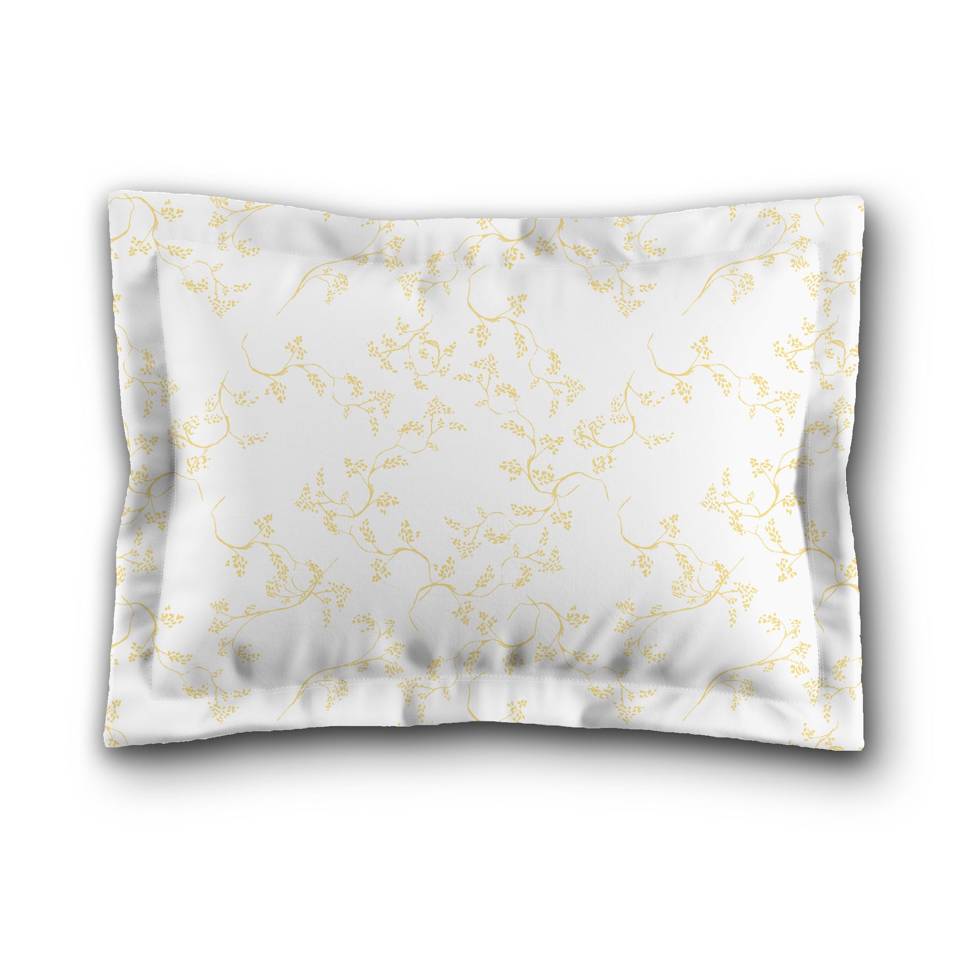 White Microfiber Pillow Sham with Flange, Yellow Hand-painted Vine Print, White Reverse Side, King (width x length) 22 x 38 inches / 56 x 97 cm