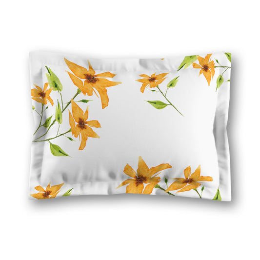 White Microfiber Pillow Sham with Flange, Large Yellow-Orange Floral Print | MFSF-1394