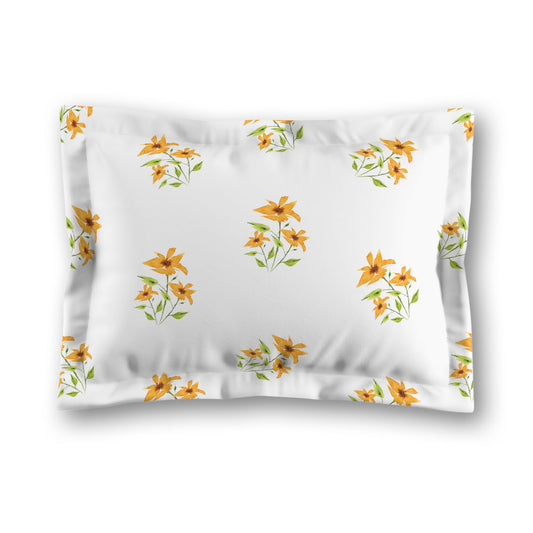 White Microfiber Pillow Sham with Flange, Medium Yellow-Orange Floral Pattern | MFSF-1395