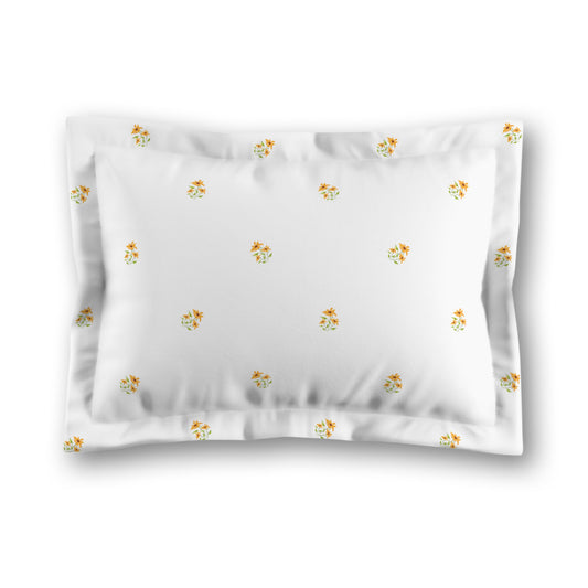 White Microfiber Pillow Sham with Flange, Small Yellow-Orange Floral Pattern | MFSF-1396