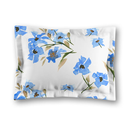 White Microfiber Pillow Sham with Flange, Large Blue Floral Print | MFSF-1404