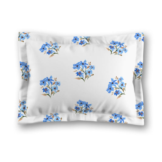 White Microfiber Pillow Sham with Flange, Medium Blue Floral Pattern | MFSF-1405
