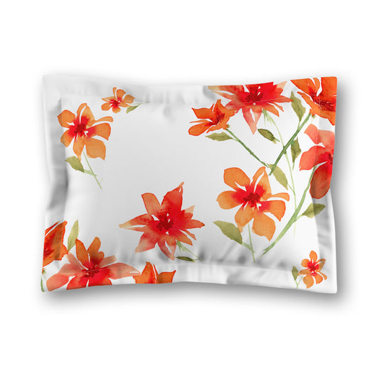 White Microfiber Pillow Sham with Flange, Large Red Floral Print | MFSF-1414