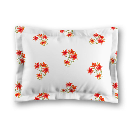 White Microfiber Pillow Sham with Flange, Medium Red Floral Pattern | MFSF-1415
