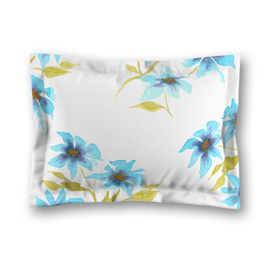 White Microfiber Pillow Sham with Flange, Large Blue Floral Print | MFSF-1434
