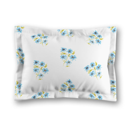 White Microfiber Pillow Sham with Flange, Medium Blue Floral Pattern | MFSF-1435
