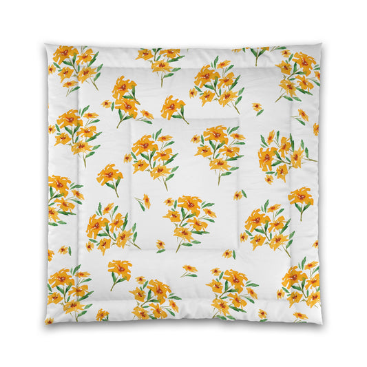 White Microfiber Comforter, Large Yellow-Orange Floral Print | MFCO-1314
