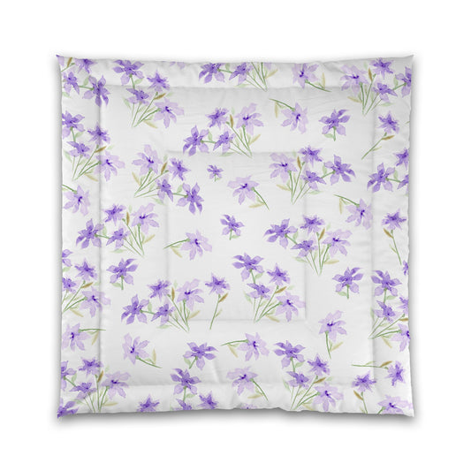White Microfiber Comforter, Large Purple Floral Print | MFCO-1324