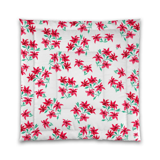 White Microfiber Comforter, Large Red Floral Print | MFCO-1334