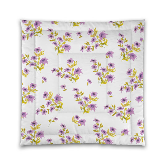 White Microfiber Comforter, Large Mauve Floral Print | MFCO-1364